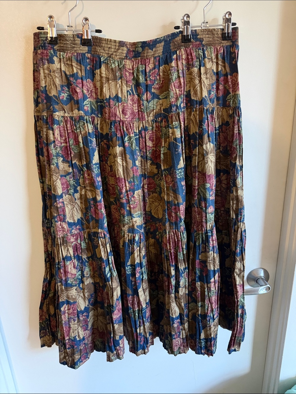 Vintage Orvis Floral Tiered Cottagecore Midi Skirt in Navy, Burg & Tan Sz PL USA